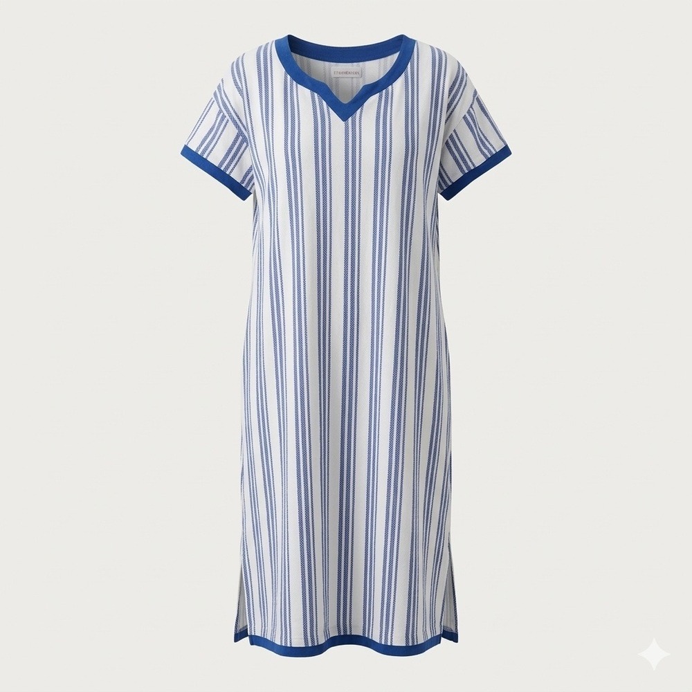 Stan Herman Women L Blue White Striped Cotton Long Nightgown Coastal Lounge Soft